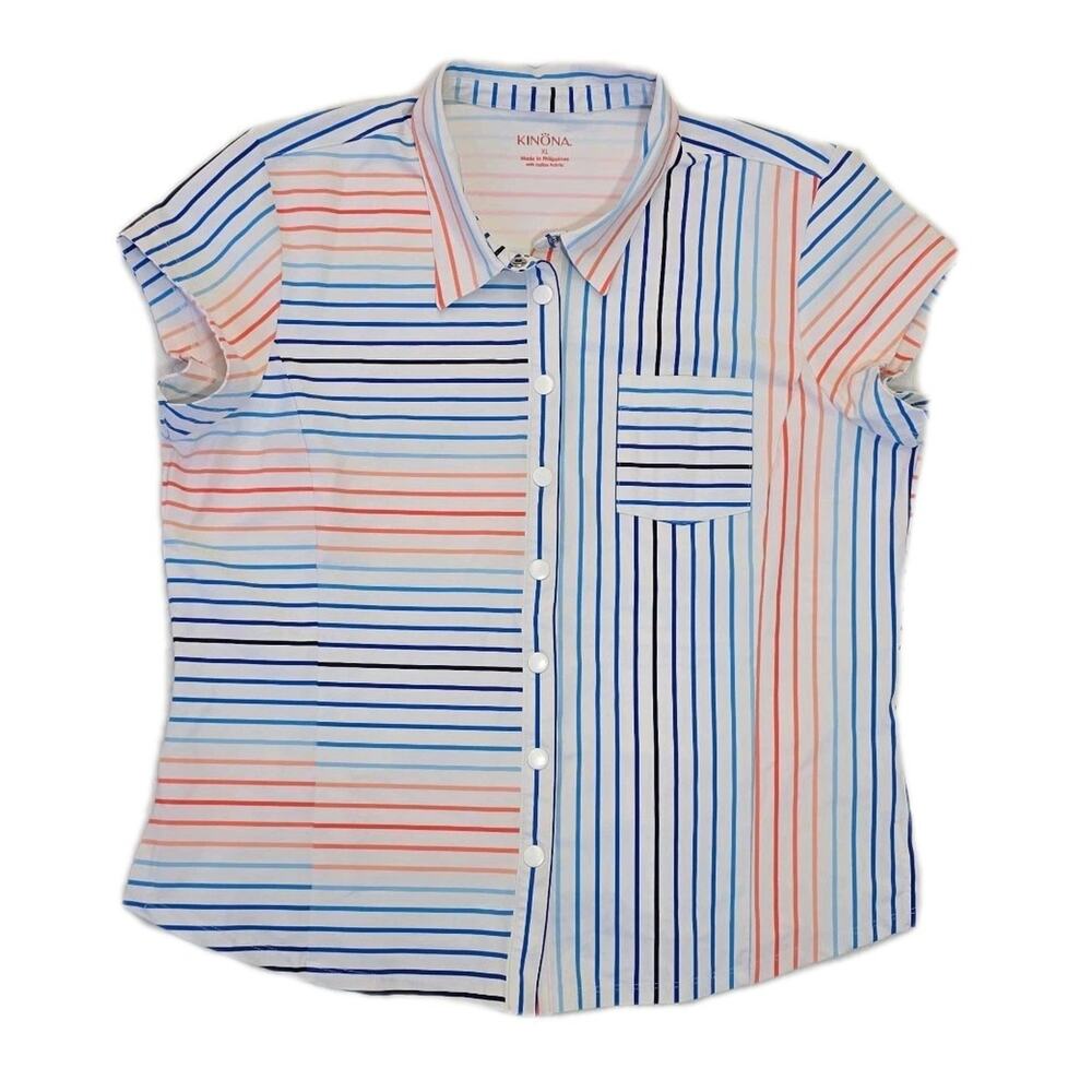 KINONA Striped It Golf Shirt XL Snap Front Italian Fabric Cap Sleeve White Multi